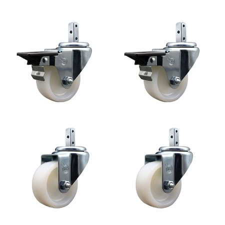 Service Caster 3'' Nylon Wheel Swivel 7/8'' Square Stem Caster Set 2 Brakes, 4PK SCC-SQ20S314-NYS-PLB-78-2-S-2